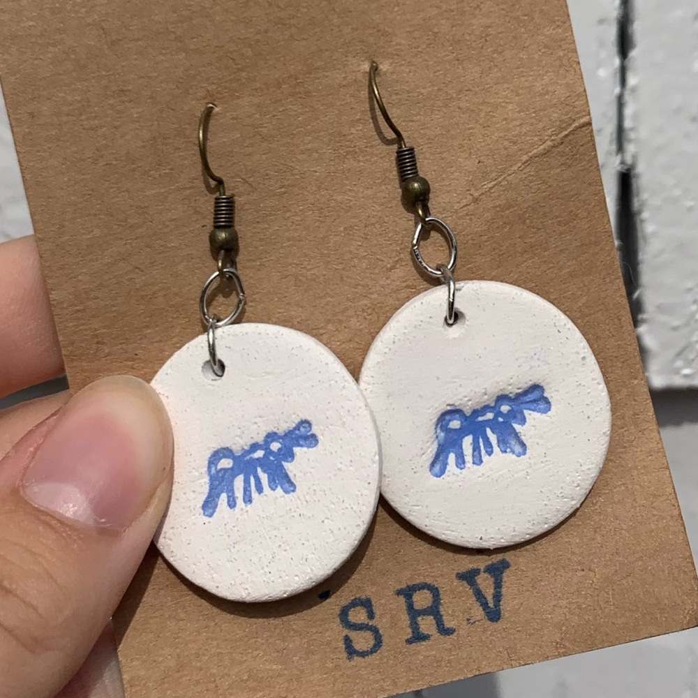 handmade natural stoneware blue & white ant earrings